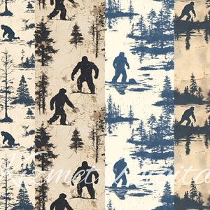 May include: A seamless pattern featuring a silhouette of a Bigfoot walking through a forest. The pattern is in shades of blue and white on a beige background.
