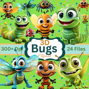 Può includere: Un set di 24 immagini clipart digitali con insetti di cartoni animati in 3D. Gli insetti sono colorati e hanno espressioni amichevoli. Le immagini sono 300+ DPI e sono perfette per l'uso in progetti digitali.