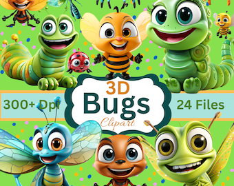 Set of 24- Cute 3D Bugs, Bees, 3D Clipart, PNG files Fun Digital Downloads 3D Animals Digital Wall Art Sublimation Prints t shirts mugs kids