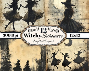 12 Witchy Digital Papers, Spooky Halloween Witch Background, 12x12 Printable Paper, Scrapbook, Journal, Wallpaper Sublimation Commercial Use
