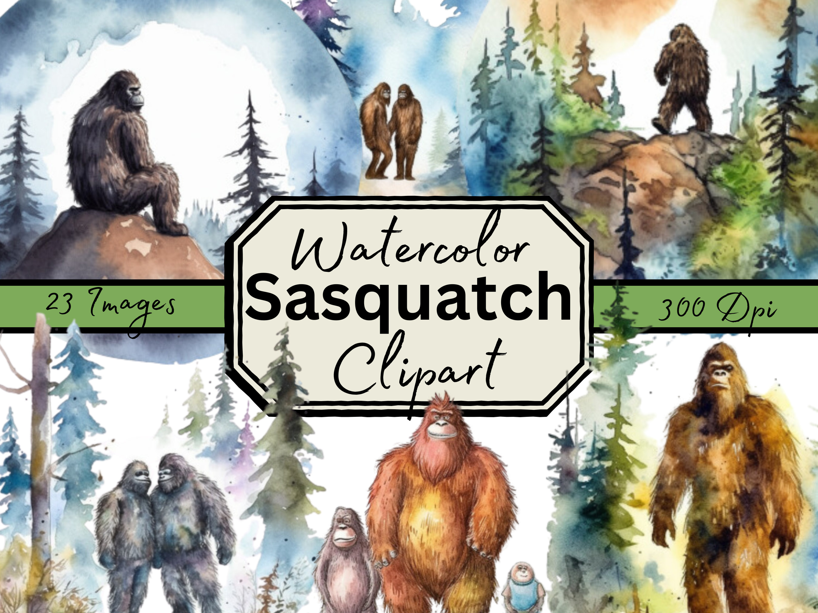 Set of 23 Bigfoot Watercolor Clipart PNG Files, Digital Downloads for