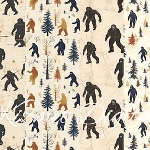 May include: A seamless pattern featuring a repeating design of a Bigfoot silhouette walking through a forest. The background is a light beige with a distressed texture. The Bigfoot is black and the trees are in shades of blue, brown, and orange.
