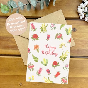 Carte Flora australienne, personnalisée, fleur australienne, anniversaire, fête des mères, je pense à vous, merci, carte de voeux australienne, faite main