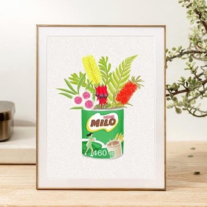 Australian Native Plants in Milo Tin, Illustration Print, Art Print, Wall Decor, Milo Print, Australia Print, Handmade