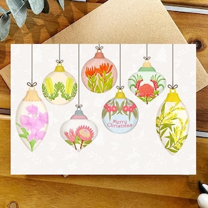 Aussie Blumen Weihnachtskugel Karte, Australian Native Blume Kugeln, Aussie Weihnachtskarte, australische Grußkarte, handgemacht