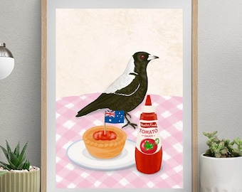 Magpie & Meat Pie Art Print, Aussie Dining Table, Australian Native Bird Wall Decor