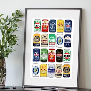 Peut inclure: Un fond blanc avec une grille de 20 illustrations de canettes de bière colorées. Chaque canette présente un mot ou une expression argotique australien différent, comme "G'day Mate", "Bloody Oath" et "Fair Dinkum".