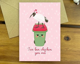 Tarjeta de Bin Chicken Ibis, ave nativa australiana, tarjeta de aniversario de amor