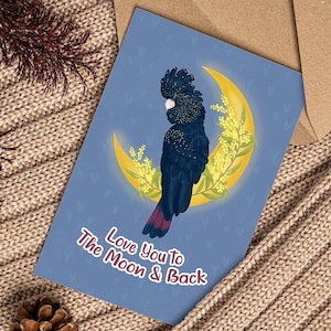 Tarjeta de cacatúa negra y luna de acacia, tarjeta de pájaro australiano, tarjeta de flor australiana, tarjeta de amor, tarjeta de San Valentín australiana, hecha a mano
