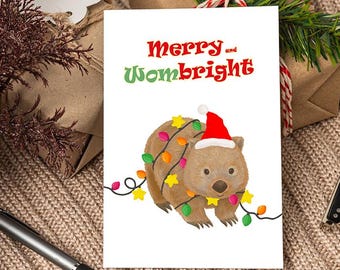 Wombat Christmas Card, Merry & Bright, Australian Fauna
