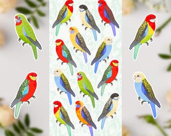 Foglio di adesivi in vinile con roselle australiane, adesivi con pappagalli australiani