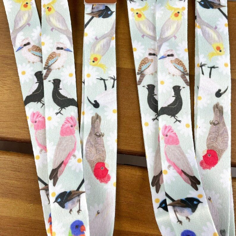 Australian birds lanyard, cockatoo, magpie, kookaburra, galah, gang gang, fairy wren, bin chicken, ibis, lorikeet, cockatiel, Aussie fauna