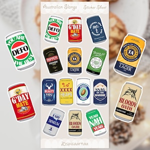 Argots australiens, canette de bière, feuille d'autocollants en vinyle, autocollants découpés dans un baiser, autocollant australien, autocollant de bière, autocollant mignon, fait main