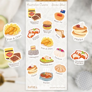 Cozinha australiana, comida australiana, folha de adesivos de vinil, adesivos recortados, adesivo australiano, adesivo de comida, adesivo fofo, feito à mão