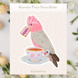 Galah & Iced VoVo Biscuit, Cuppa Bikkie, gestanzter Vinyl-Aufkleber, Australischer Vogel-Aufkleber, Aussie Food-Aufkleber, niedlicher Aufkleber, handgemacht