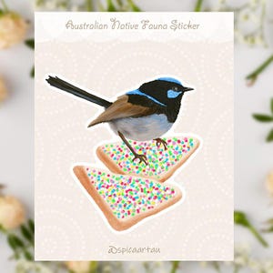 Fairy Wren e Fairy Bread, Adesivo de vinil recortado, Adesivo de pássaro australiano, Adesivo de comida australiana, Adesivo fofo, Feito à mão