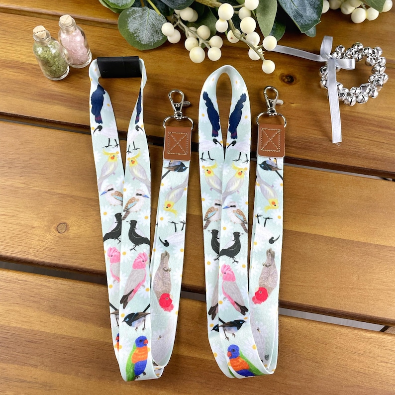 Australian birds lanyard, cockatoo, magpie, kookaburra, galah, gang gang, fairy wren, bin chicken, ibis, lorikeet, cockatiel, Aussie fauna