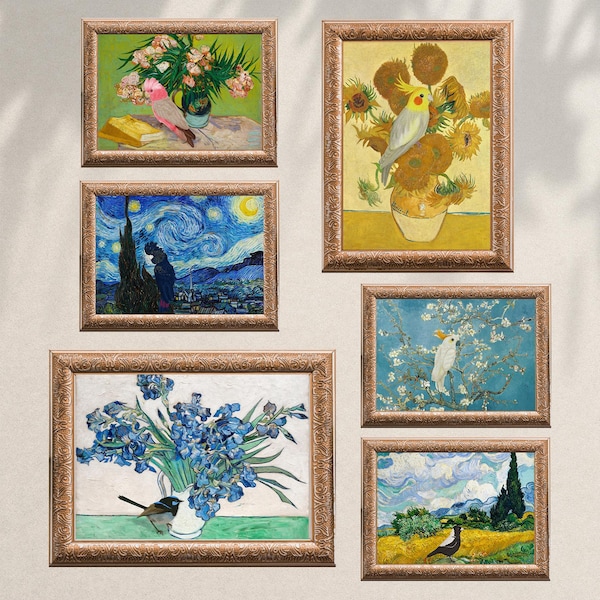 Konsttryck med australiska fåglar i Van Gogh-målningar, nyckfull väggdekoration med australisk fauna
