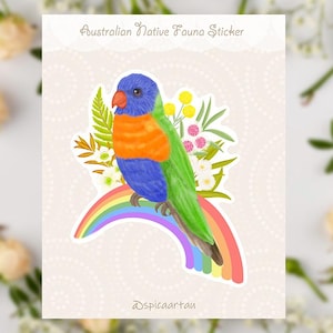 Rainbow Lorikeet & Aussie Native Flowers, Die-cut Vinyl Sticker, Australian Bird Sticker, Aussie Native Plant, Cute Sticker, Handmade