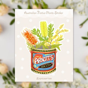Australian Native Plants in Vintage Biscuits Tin, Die-cut Vinyl Sticker, Australiana Sticker, Handmade