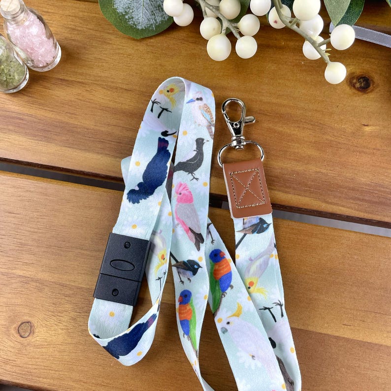 Australian birds lanyard, cockatoo, magpie, kookaburra, galah, gang gang, fairy wren, bin chicken, ibis, lorikeet, cockatiel, Aussie fauna