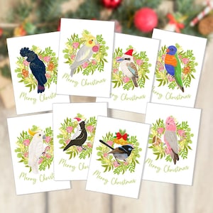 Cartão de Natal com pássaros australianos, cartão de fauna australiana, guirlanda de flores nativas australianas, cartão de Natal, cartão de felicitações australiano, feito à mão