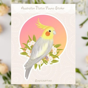 Cockatiel & White Flowering Gum, Sunset, Die-cut Vinyl Sticker, Australian Bird Sticker, Aussie Native Flower, Cute Sticker, Handmade