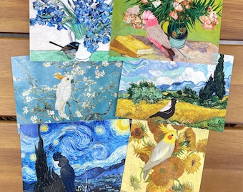 Aussie Birds in Van Gogh Paintings Postcard, Australian Birds Postcard, Aussie Fauna Postcard, Australiana Postcard, Set of 6 Bundle