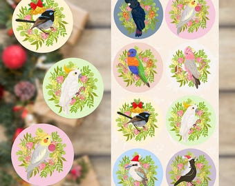 Lámina de pegatinas navideñas de pájaros australianos y corona de flora autóctona australiana.