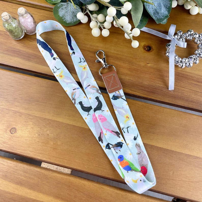Australian birds lanyard, cockatoo, magpie, kookaburra, galah, gang gang, fairy wren, bin chicken, ibis, lorikeet, cockatiel, Aussie fauna