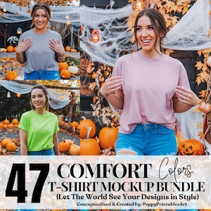 47 Halloween Comfort Colors 1717 T-Shirt Mockup Bundle, Model Aesthetic Mockup, Fall/Autumn Mockup,  Black/White Bella Canvas T-Shirt