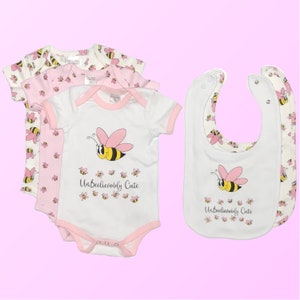 UnBeelievably Cute Baby Girl Onesie | Bumble Bee Onesie | Custom Printed Bodysuit | Baby Shower Gift | Onesie and Bib Multipack