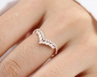 Marquise And Round Cut Moissanite Curved Wedding Band, V Shaped Band, Chevron Stackable Band, Unique Band For Her