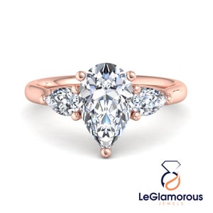 Pear Cut Lab Grown Diamond Ring: Three Stone Engagement Ring