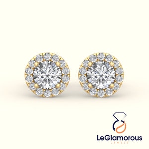 Round Lab Grown Diamond Halo Earrings: 14KT Gold Screw Back