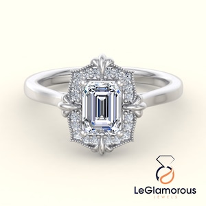 1.00 to 4.00 Carat Emerald Cut Lab Grown Diamond Halo Pave Setting Engagement Ring Wedding Ring, Ring for Women, Anniversary Gift for Her