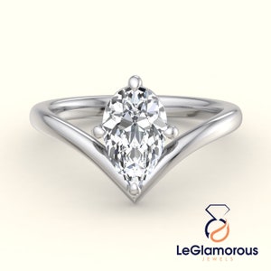 Pear Lab Grown Diamond Engagement Ring: 14K Gold V-Shape Solitaire