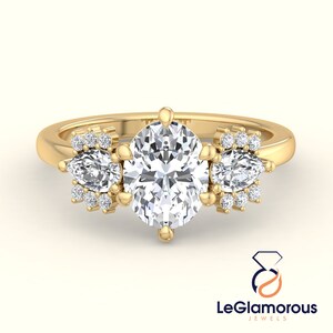 Oval Lab Grown Diamond Engagement Ring: Three Stone Pear, Pave Yellow Gold
