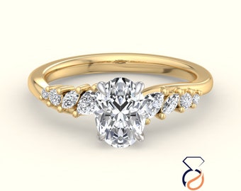 Oval Lab Diamond Engagement Ring, Cluster 14k Gold Wedding Ring, IGI Certified