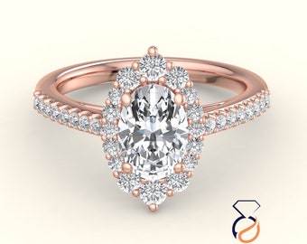 Oval Halo Diamond Engagement Ring, Halo With Accent Oval Lab Diamond Wedding Ring, 14K Gold Ring, Anniversary Ring For Her, Christmas Gift