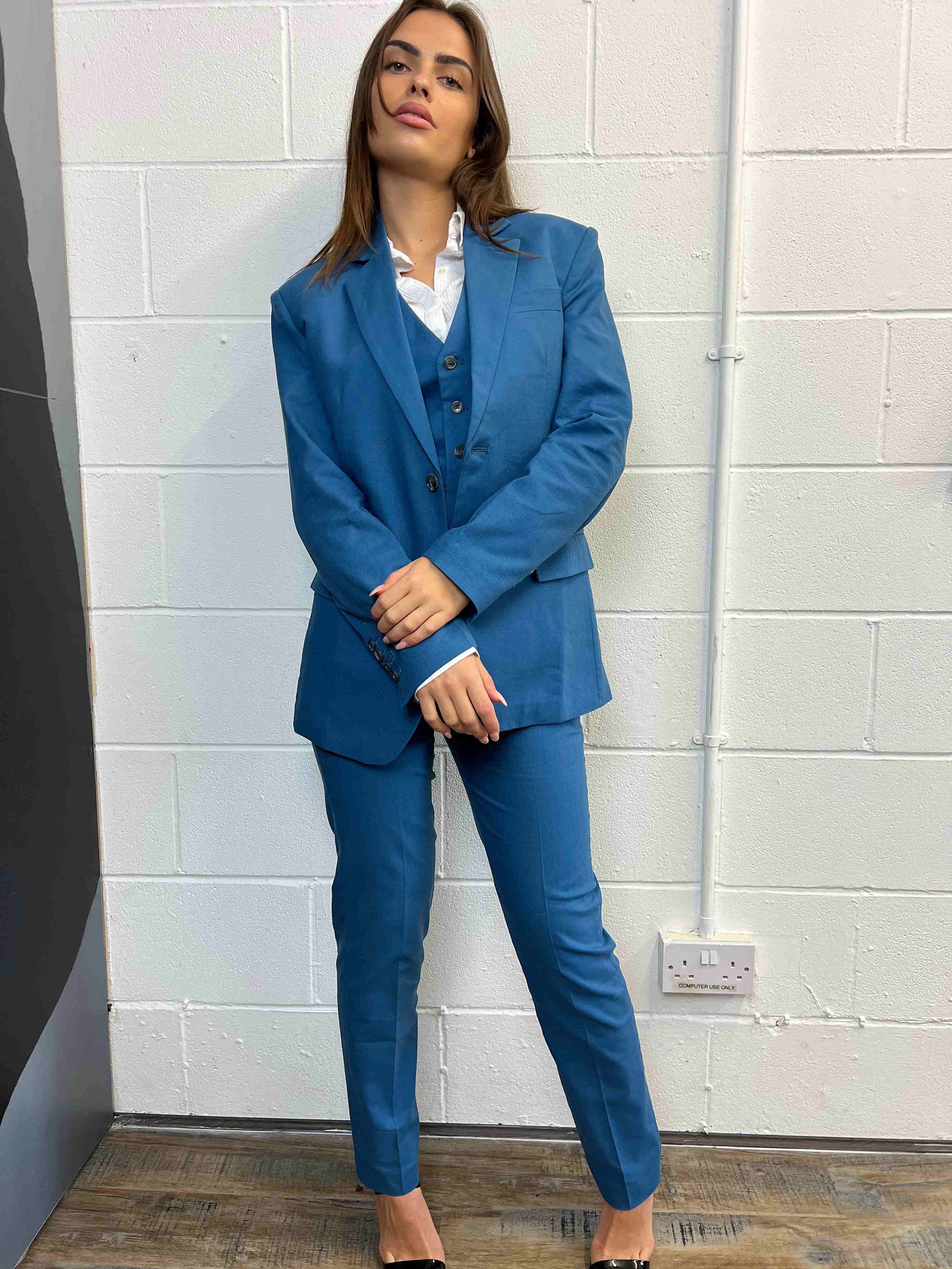 Blue Women 3 Piece Linen Suit Etsy UK