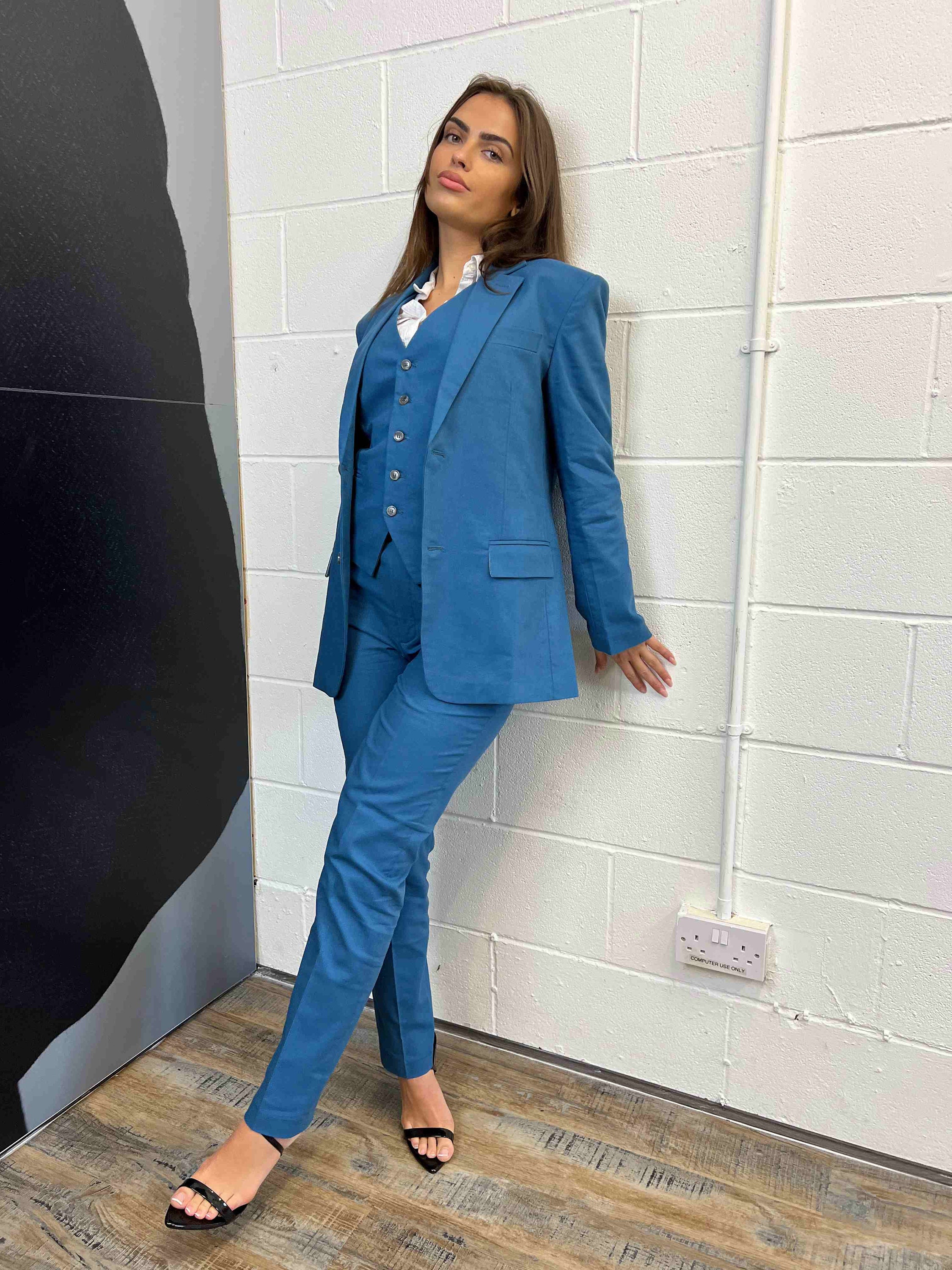 Blue Women 3 Piece Linen Suit Etsy UK