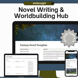 May include: A digital display of a "Fantasy Novel Template" on a laptop, desktop, and smartphone. The template includes sections for outlining, synopsis, and novel details. The image also features the text "Novel Writing & Worldbuilding Hub."