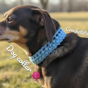 Könnte beinhalten: Ein Hund trägt ein hellblaues gehäkeltes Hundehalsband. Das Halsband besteht aus dickem, gewebtem Garn. Der Text "Dog collar" und "CrochetPatterns85" sind im Bild zu sehen.