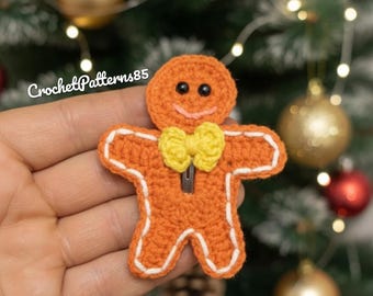Haakpatroon voor een peperkoekmannetje haarclip, kersthaarstrik PDF, feestelijke haaraccessoires, amigurumi-handleiding Engels_VS, digitale download