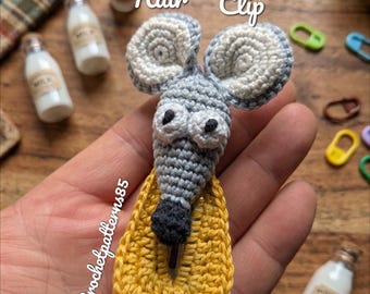 Haakpatroon voor een haarclip met muis en kaas, amigurumi haarclip patroon PDF, schattige dierenhaaraccessoires, Engelse (VS) termen