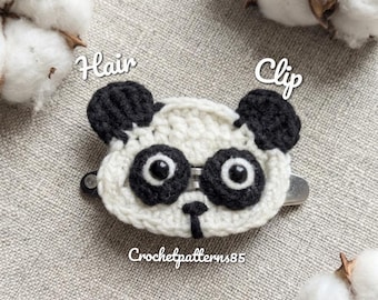 Haakpatroon voor een panda-haarclip (PDF), handleiding voor amigurumi-haaraccessoires, sleutelhanger met pluizig panda-hoofd, doe-het-zelf haarspeld (PDF, Engels_VS)