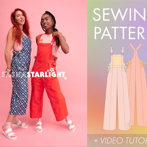 Side-Tie Dungarees PATTERN - Digital Pdf + Video Tutorial, overalls, adjustable, wide leg, sewing, Sasha Starlight, TikTok