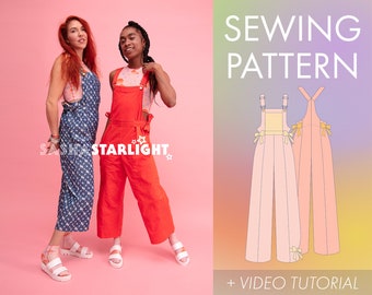 Side-Tie Dungarees PATTERN - Digital Pdf + Video Tutorial, overalls, adjustable, wide leg, sewing, Sasha Starlight, TikTok