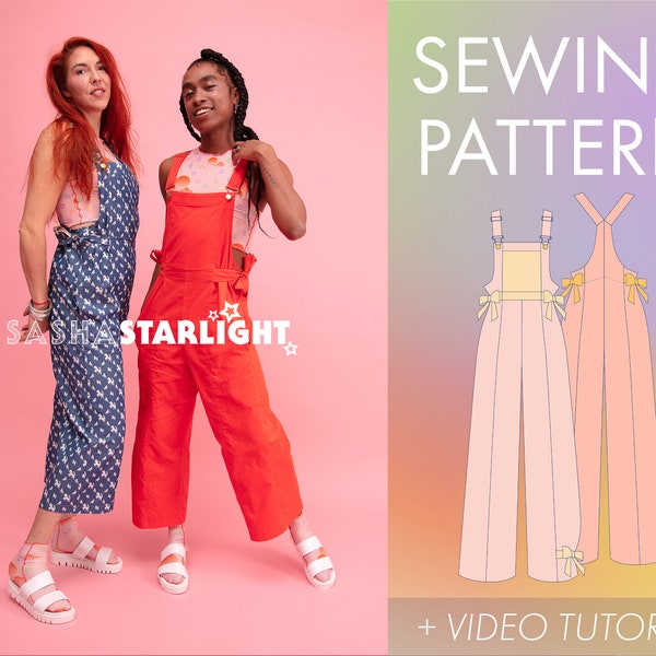 Side-Tie Dungarees PATTERN - Digital Pdf + Video Tutorial, overalls, adjustable, wide leg, sewing, Sasha Starlight, TikTok